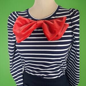 Boden Breton Imogene | Navy Striped Top Exaggerated Red Bow | French Girl Chic